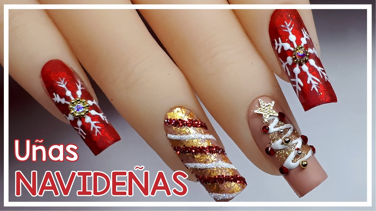 UÑAS NAVIDEÑAS medianas en COLOR ROJO y DORADO | GELISH, FLAKES y MÁS ...