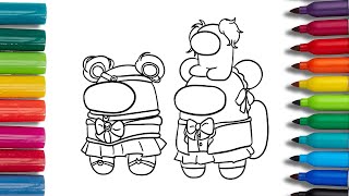 Among us cute family Three sisters coloring book for children Coloring pages