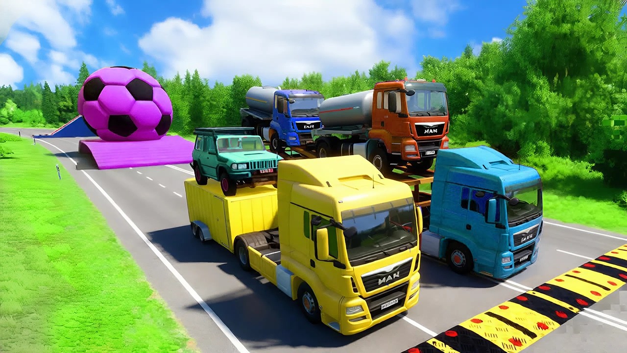 Flatbed Trailer McQueen Transportation with Truck - Speedbumps vs Cars vs Train - BeamNG.Drive #11