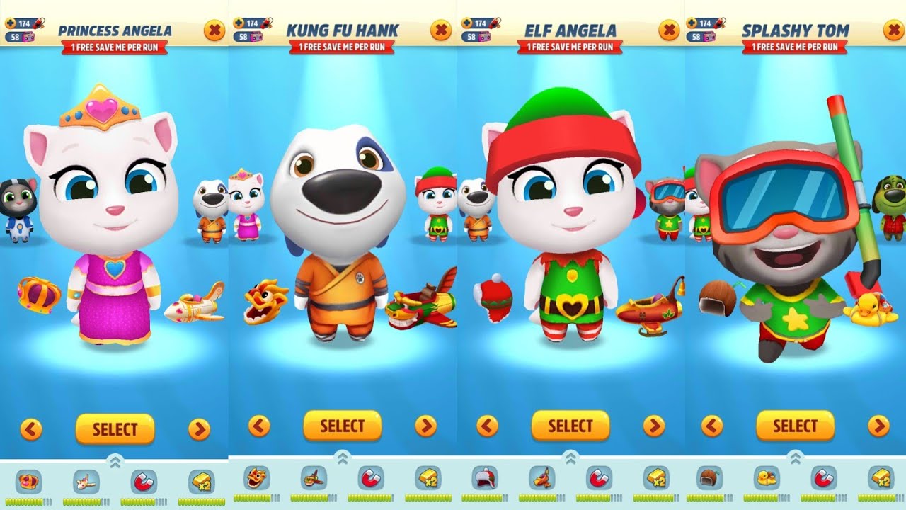 Talking Tom Gold Run Princess Angela, Kung Fu Hank, Elf Angela
