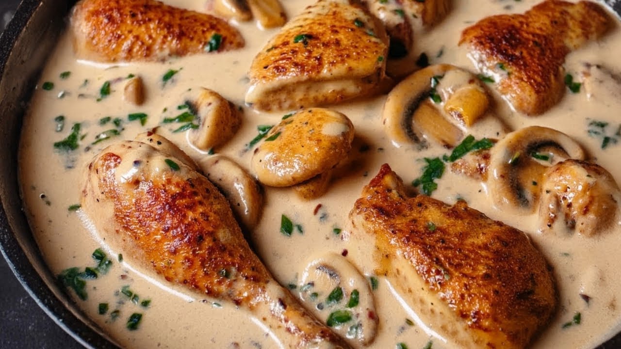 Hühnerfrikasse auf Französisch. Zartes Huhn mit cremiger Soße und ...