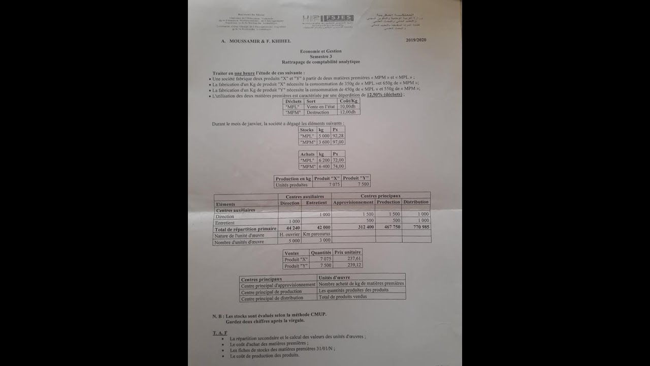 Comptabilité Analytique S3 EXAMEN 2019 2020 RATT FSJEM