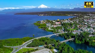 Lago y Volcan Villarrica, río Tolten Turismo Araucanía Chile Vista Aérea Drone Temuco Ultra HD 4K