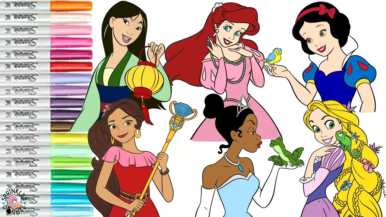 Disney Princess Coloring Book Compilation Snow White Mulan Elena Tiana Ariel Rapunzel - YouTube