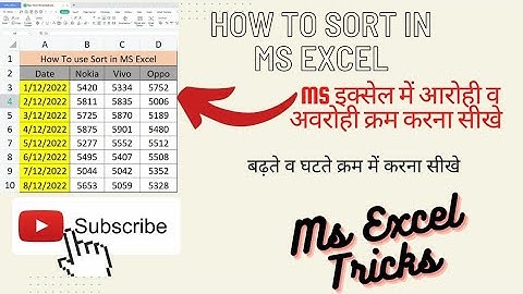 How to use sort in MS Excel Ascending &  Descending Order l एक्सेल में बढ़ते व घटते क्रम में लिखें ।