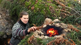 Building a HIDDEN Fireplace in my Bushcraft Shelter - Moss Camo Roof - ASMR