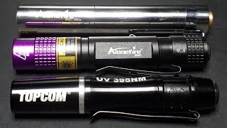 Test x3: AAA UV flashlights: Alonefire SV62 365nm, SV327 395nm, Topcom 395nm fluorescent paint LED