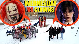 drone catches Wednesday Addams Family VS Clown Army at haunted park (Huge Battle)