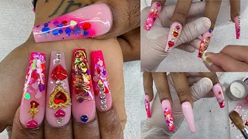 Long ENCAPSULATED nails with glitter and charm decoration| Acrylic Nails Tutorial Step by Step 4k