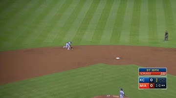KC@MIA: Escobar makes a spinning throw to nab Scruggs