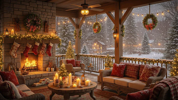 Christmas Jazz Balcony Background Music 🎄 Soothing Piano Rhythm with Crackling Fireplace for Holiday