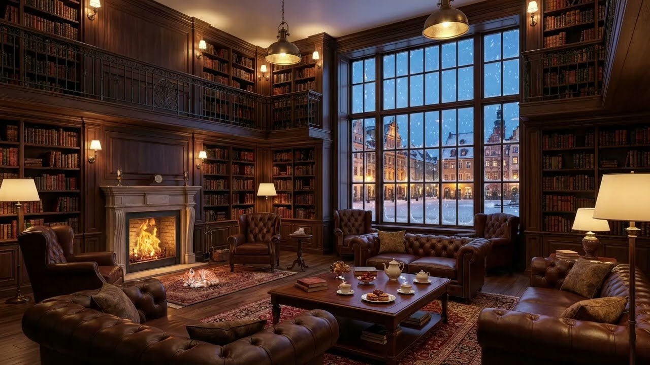 Cozy Library Ambience 📚 | Fireplace, Snowfall & Piano Jazz (3 Hours)