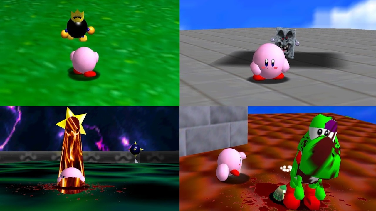 Super Mario 64 Hard Mode - All Bosses with Kirby