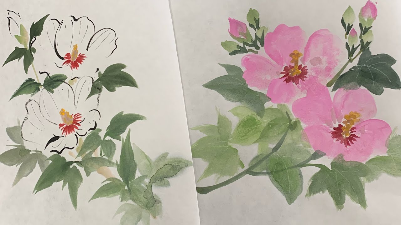 一筆画☻木槿と芙蓉を簡単に描く】夏から秋の花 ほのぼの一筆画71 