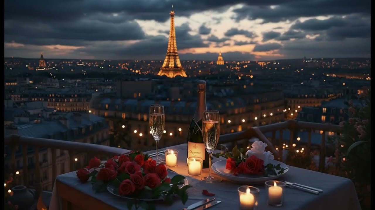 Romantic Paris Rooftop Dinner 🌹 Eiffel Tower View & Jazz Music for Valentine's Day