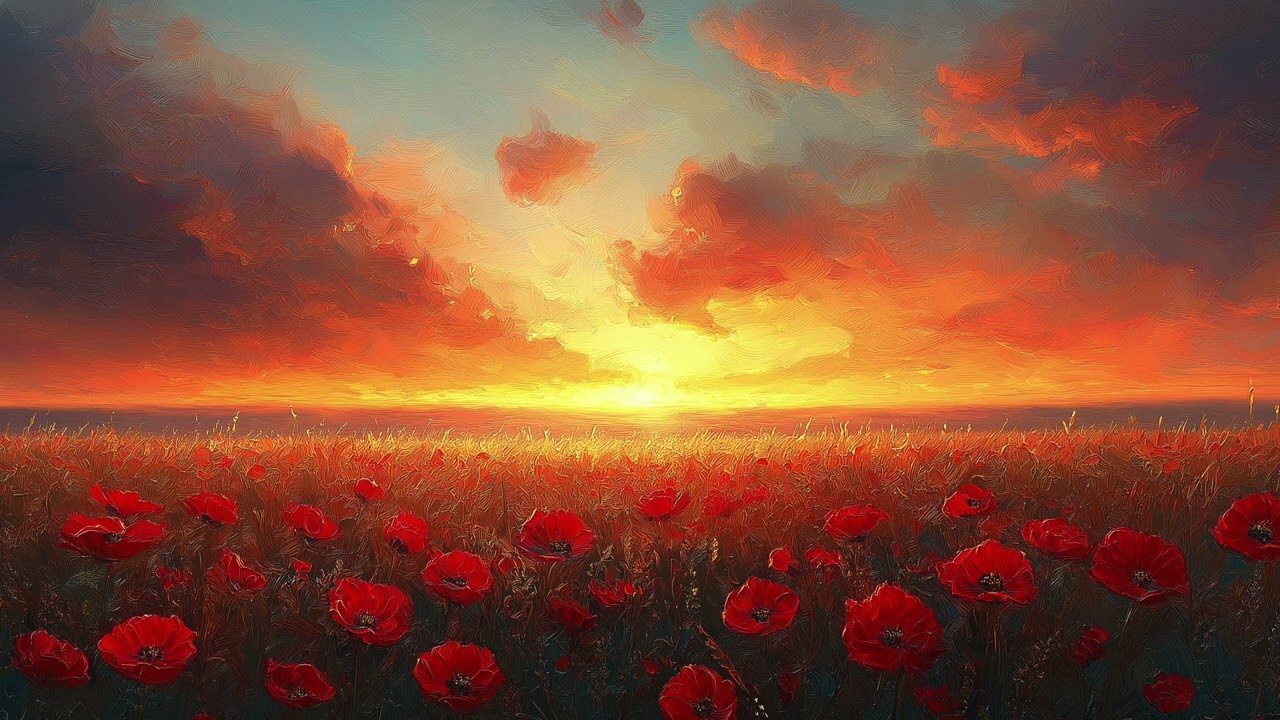 "Poppy Flower Field Under Sunset Skies – Aesthetic  Wallpaper"