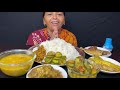 Bigbites eating rice with sorshe pabda rui fish curry kochur shak dim jhuri tok dal