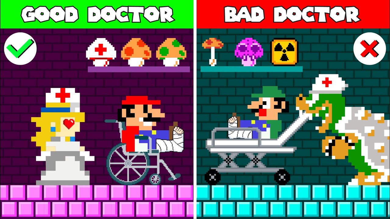 Mario vs Luigi Challenge: GOOD Doctor vs BAD Doctor in Super Mario Bros.
