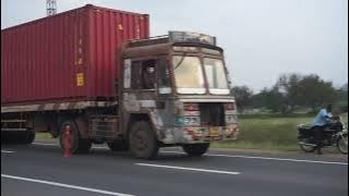 High speed container truck damaged tire sound