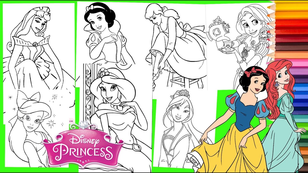 Coloring Princess Cinderella Ariel Belle Jasmine Aurora Snow White ...