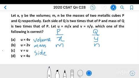 Civil Services 2020_Qn C28, Let x, y be the volumes; m, n be the masses of two metallic cubes P ....