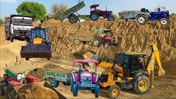 Tractor JCB Machine on Swaraj 963 FE Loading Mud in Trolley Eicher 485 Sonalika 60 Rx #jcb #jcbvideo