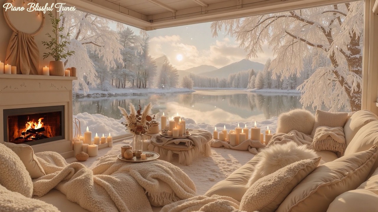 Warm Winter Cabin by the Lake ❄️ Soft Piano Music & Crackling Fireplace Sounds for Sleep & Focus
