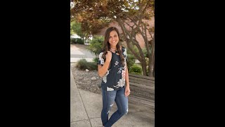 Navy Floral Crisscross Chest Ss Top