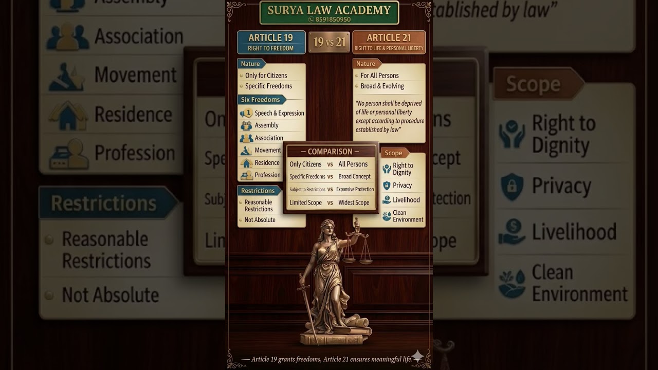 Article 19 vs 21: Must Know for CLAT 2027/28! ⚖️ #Shorts #CLAT2028 #SuryaLawAcademy