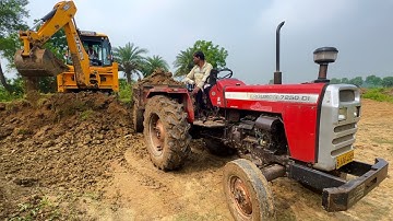 Jcb 3dx Backhoe Loader Machine Loading Mud In Massey Ferguson 7250 Di And John Deere 5045 D Tractor