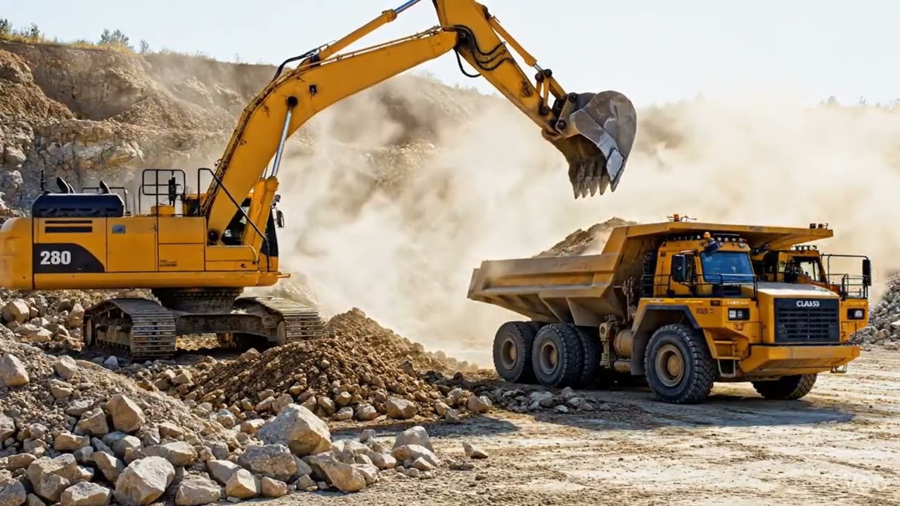 Giant Excavators Loading Dump Trucks - Heavy Machinery in Action