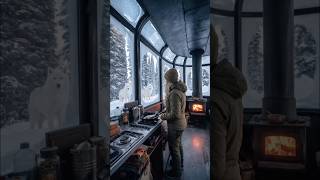 Hidden deep in the snowy mountains someone turned an abandoned cablewarm #offqridliving #cozycabin