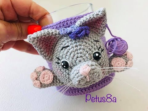 Teje porta/taza con aplicación cara de gato amigurumis by Petus (English subtitles)