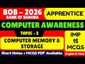Computer Memory & Storage MCQS | BOB Apprentice 2026 | BOB Apprentice Computer Awareness PDF Notes