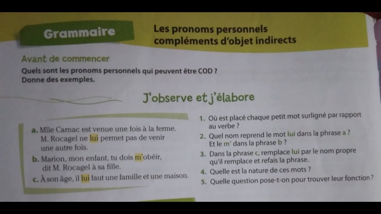 Grammaire : Les pronoms personnels compléments d'objet indirects page 136