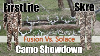 Side By Side Camo Comparison Between FirstLite Fusion and Skre Solace on 16 backgrounds.
