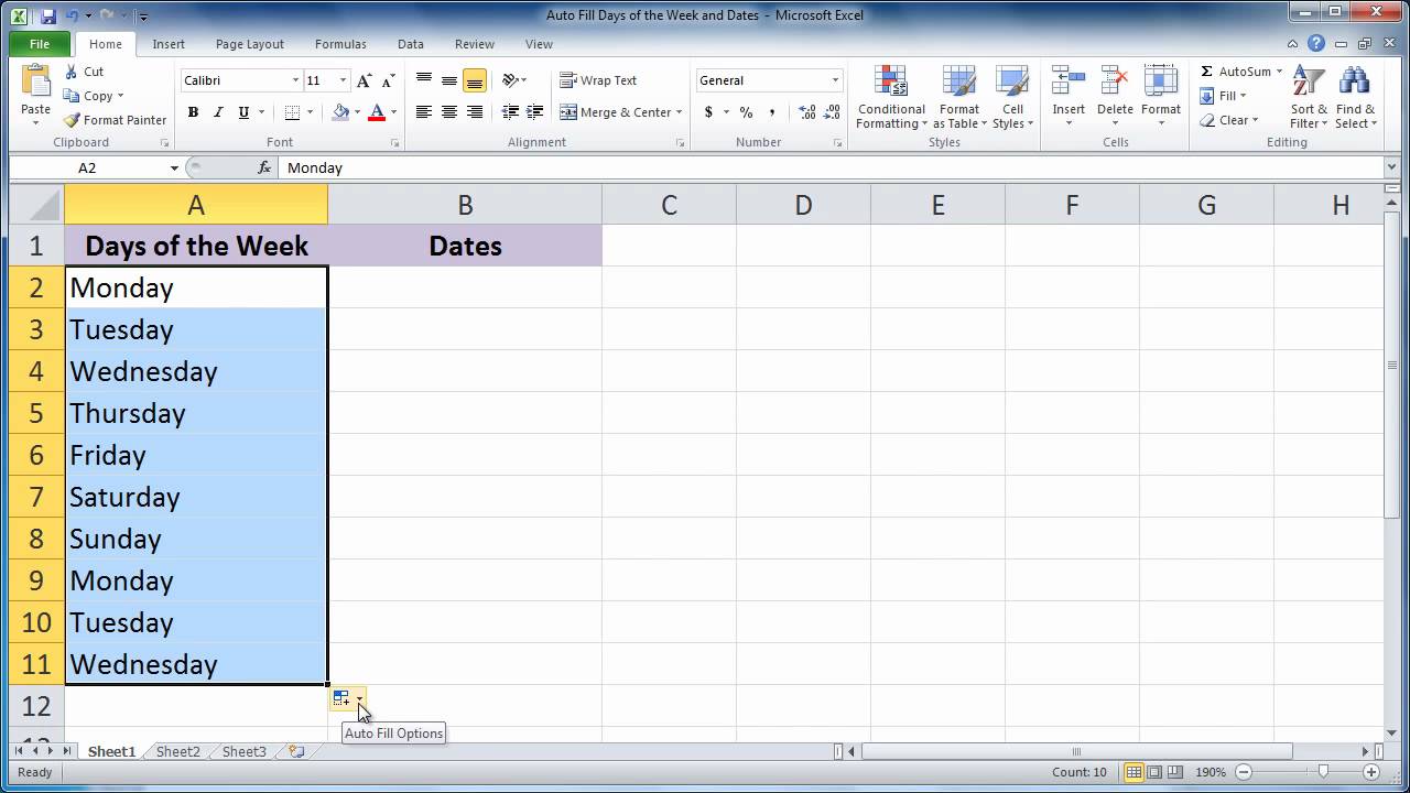 Excel 2010 Auto Fill Days Of The Week And Dates YouTube