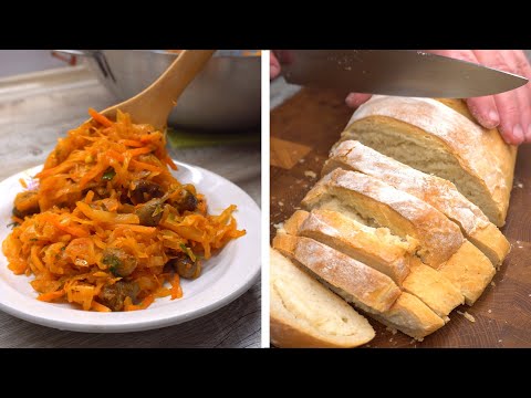 Recipe for stewed cabbage with chicken hearts and homemade bread. ASMR cooking