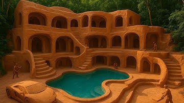 300 Days Building an Open-Air Villa with Carved Interior and Multi-Level Pools Using Primitive Tools