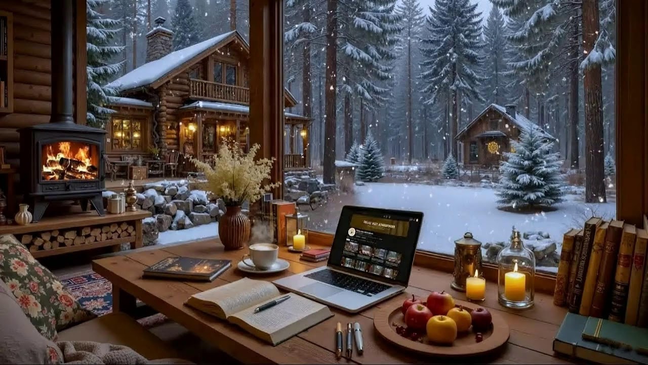 Winter Smooth Jazz Piano Music | Cozy Cafe Ambience & Fireplace Sounds for Study, Work