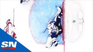 Curtis McElhinney Stretches To Make Athletic Skate Save Against Steven Lorentz