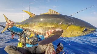 Double Tuna Hookup & Huge AFRICAN POMPANO | Kayak fishing Hawaii | Flying fish TV