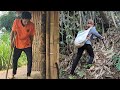 Homeless man treat foot pain with wild medicinal plants woman picking bamboo shoots to sell