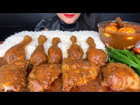SPICY CHICKEN LEG PIECE CURRY,SPICY EGG CURRY,GREENCHILLI WITH RICE *ASMR EATING*