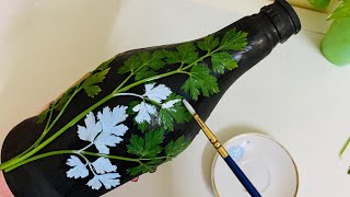 Simple Bottle Art For Beginners | Bottle Painting With Leaf | Bottle Art