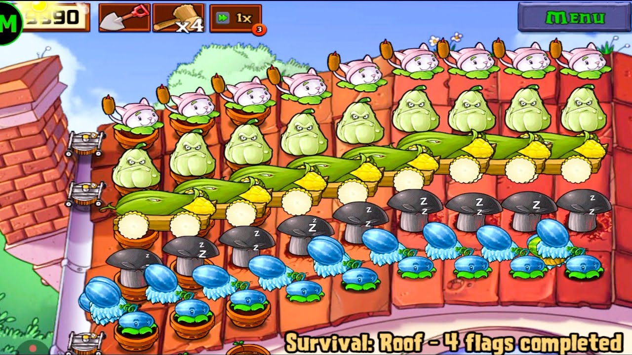 Plants Vs zombies Survival Roof | Cob Cannon+Winter Melon+Cattail+Doom shroom Vs All Zombies 