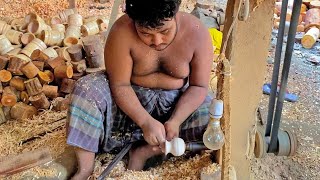 Hard Worker Healthy Boy Satisfying Making Wooden Toy Pitcher With His Talent | Wood Carving Art