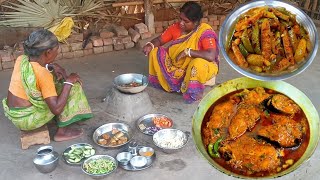 rural grandma cooking traditional FISH CURRY and kundru vaji||actual village life