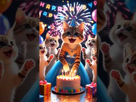 Happy Birthday Celebration Cute Cat Cutting Cake While 4 Cats Clap HappyBirthday CatCelebration