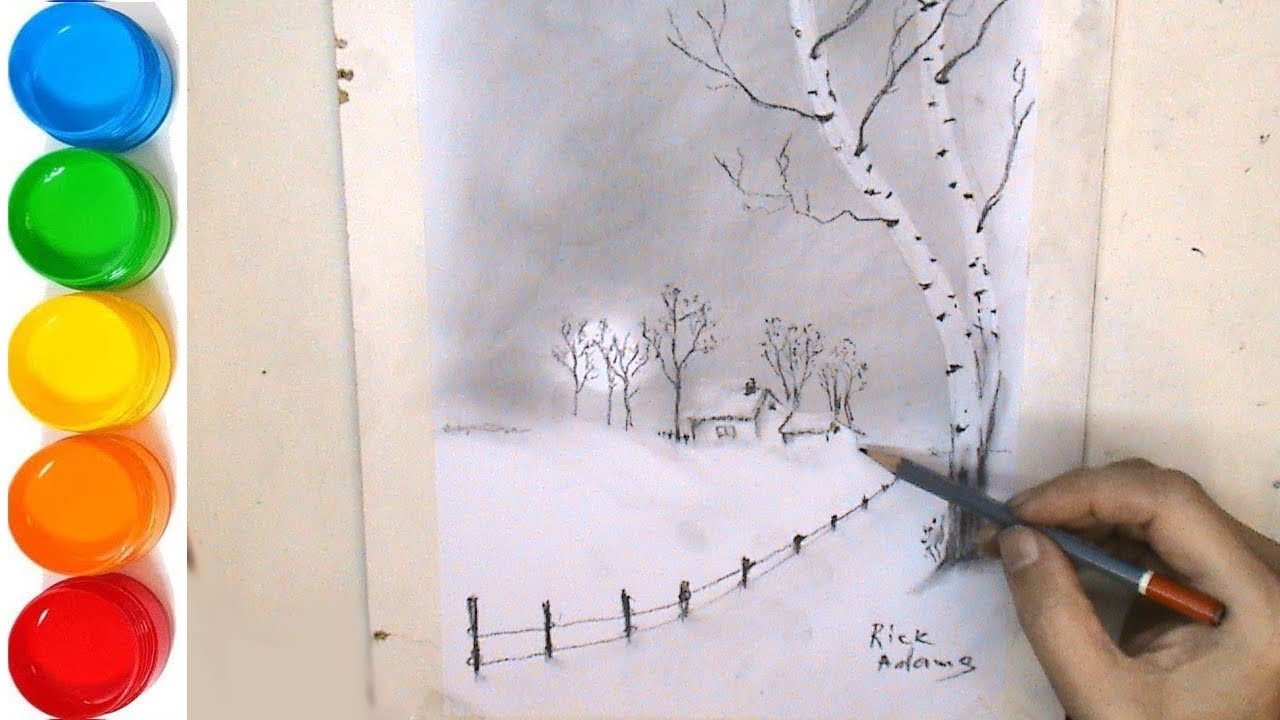 Birch tree landscape drawing for beginners by pencil - YouTube